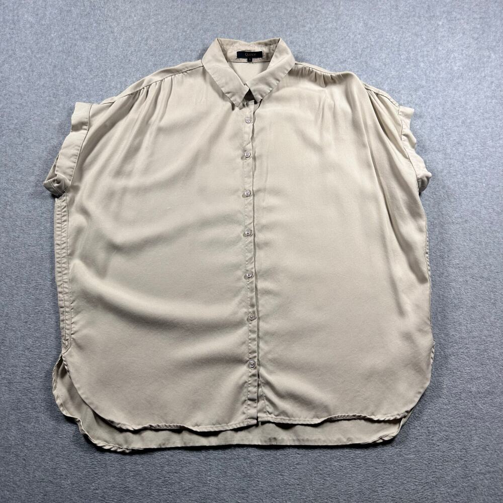 Quince Tencel Vintage Wash Camp Top Women Large Tan Ruffle Sleeve Casual